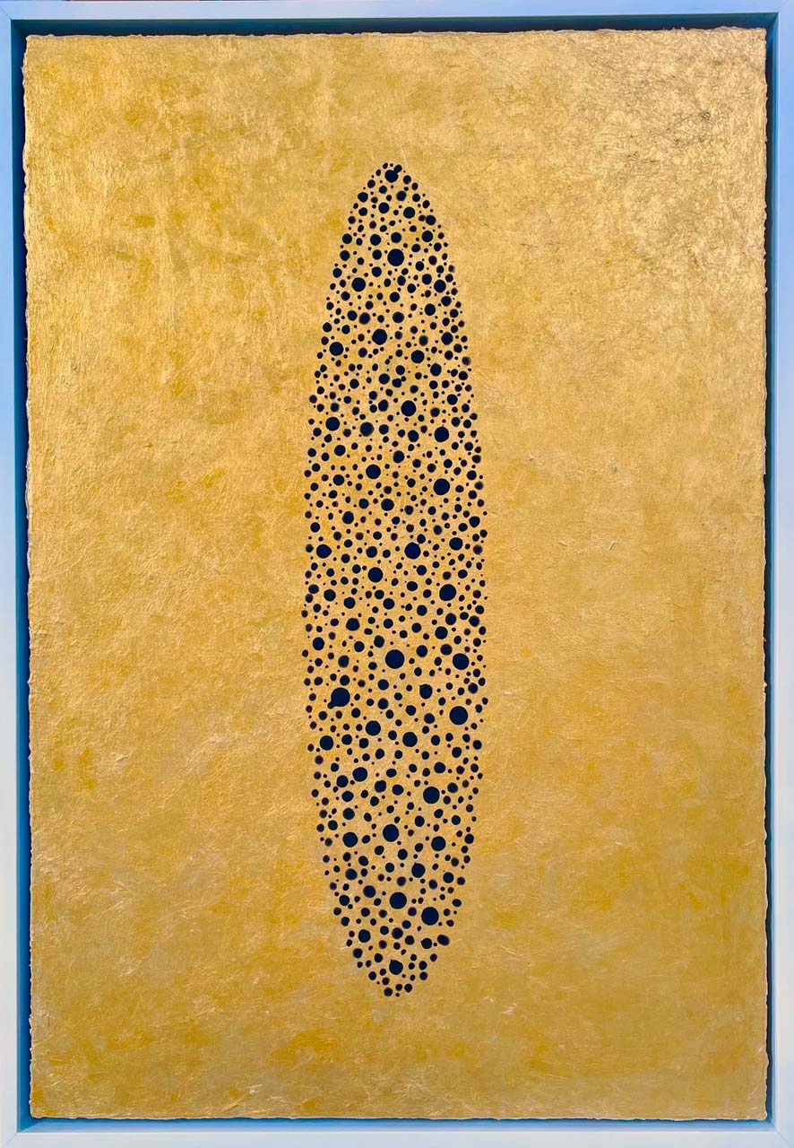 Craig Cahoon, APPARITION XII, 2025: a speckled dark oval form suspended on a golden field. Acrylic on Mylar, 22 x 16 in.