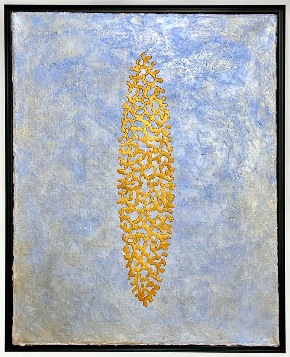 Craig Cahoon, APPARITION XXXIII, 2025: a luminous gold oval form floating on a pale blue-gray field. Acrylic on canvas, 24 x 18 in.
