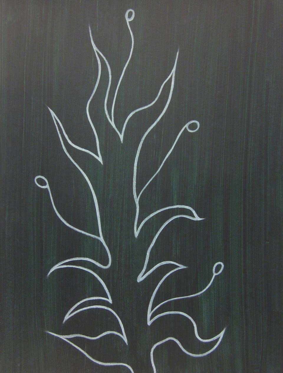 Craig Cahoon, PRIMA 3, 2023: pale linear stems and leaf forms on a dark gray-green ground. Acrylic and Conte on paper, 26 x 20 in.