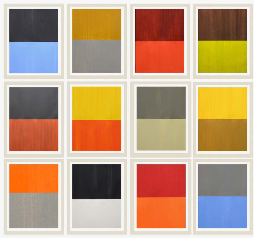 Craig Cahoon, Synchromy series: a grid of twelve small two-color paintings in oranges, yellows, blues and grays.